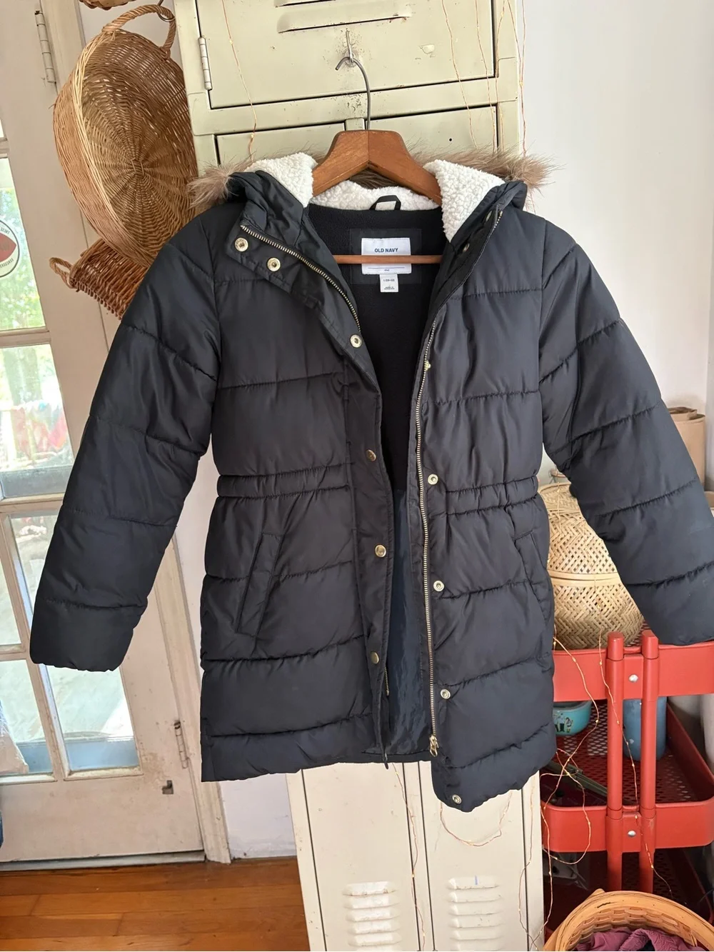 Kids winter long puffer jacket with fur hood